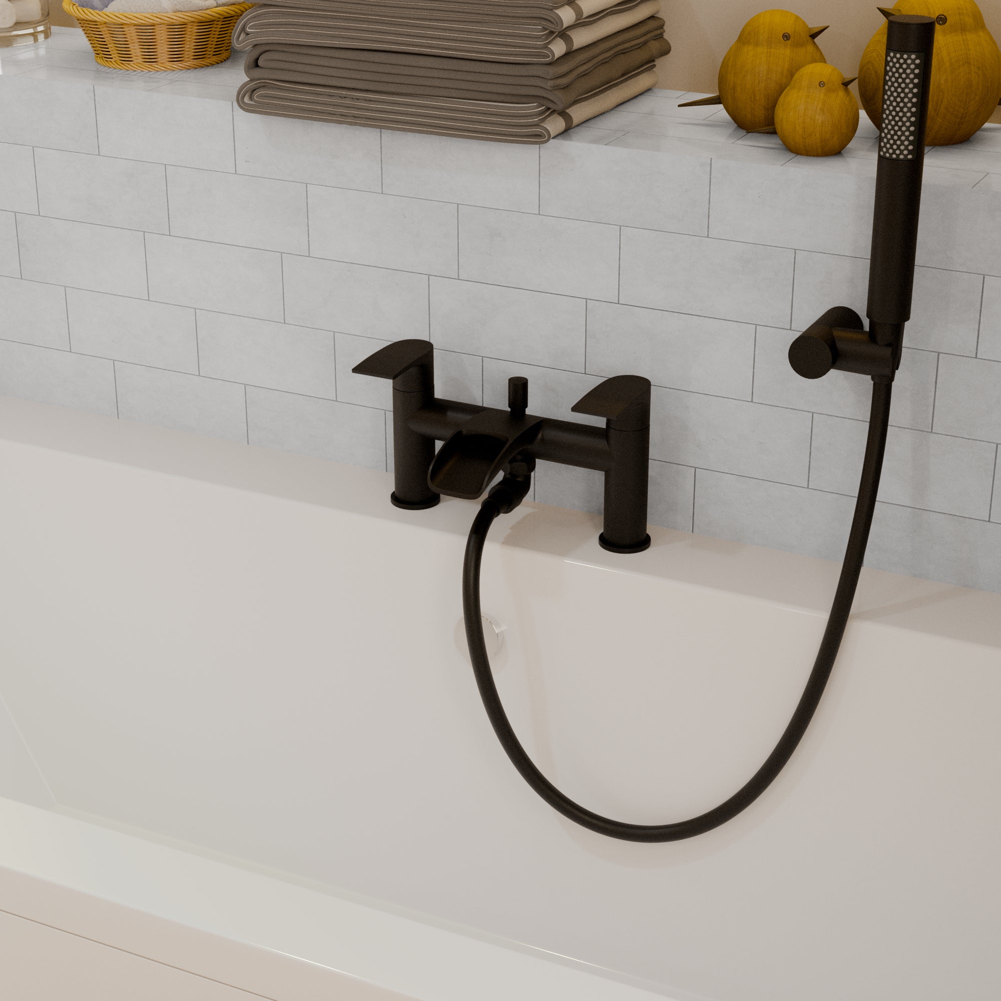 Symphony Round Waterfall Bath Shower Mixer Tap with Kit - Matt Black