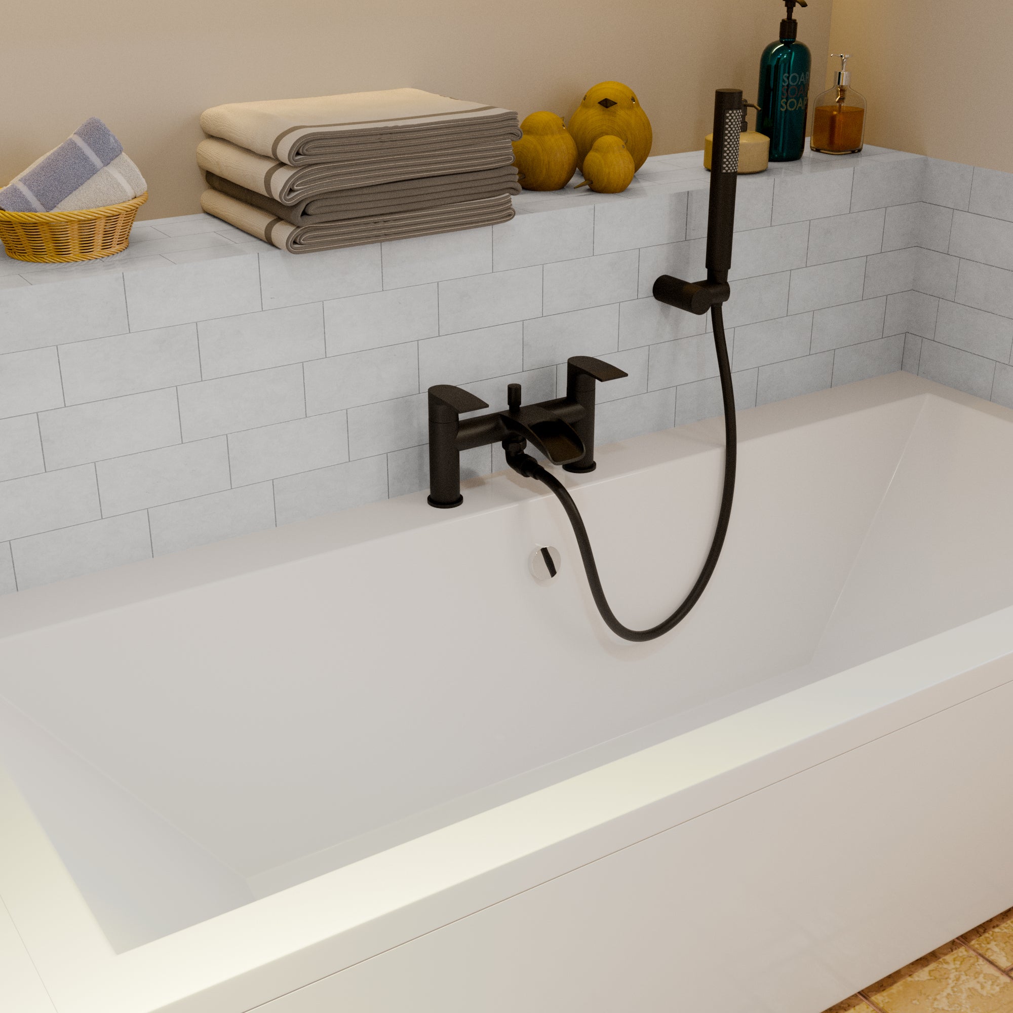 Symphony Round Waterfall Bath Shower Mixer Tap with Kit - Matt Black