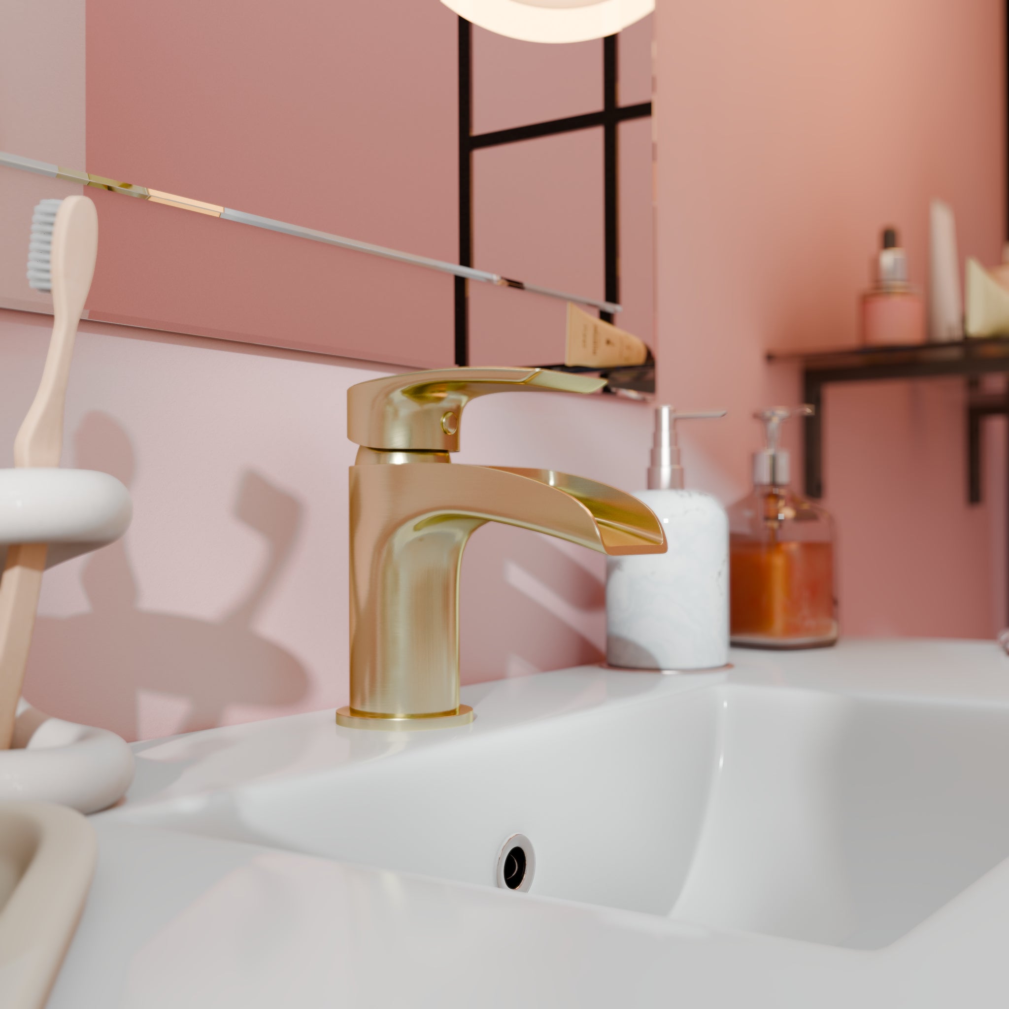 Symphony Round Waterfall Mono Basin Mixer Tap with Waste - Brushed Brass