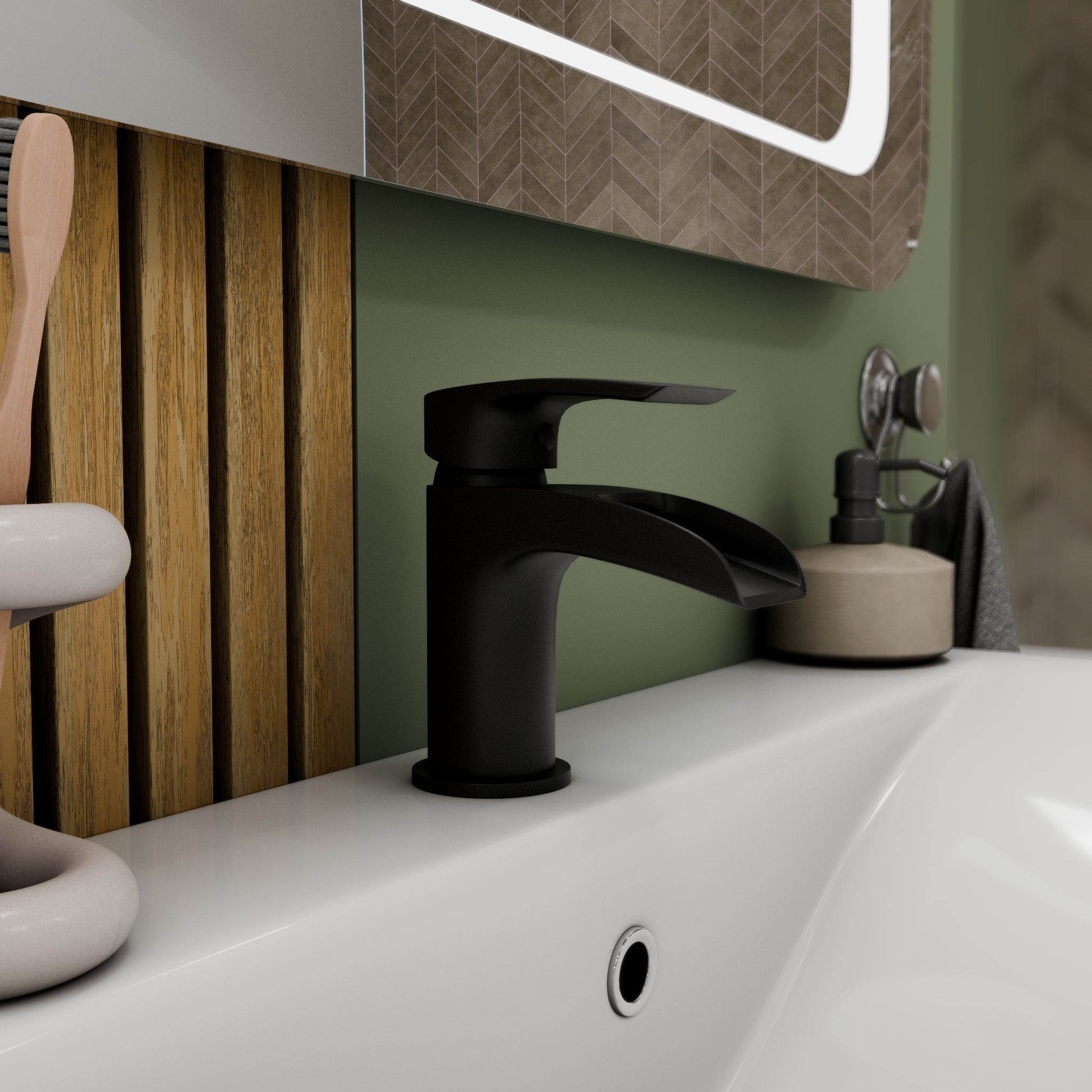 Symphony Round Waterfall Mono Basin Mixer Tap with Waste - Matt Black