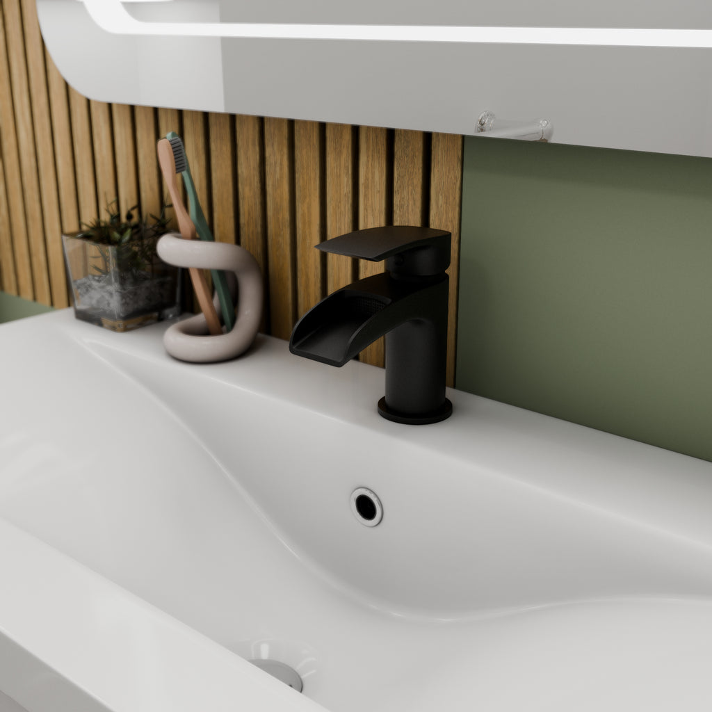 Symphony Round Waterfall Mono Basin Mixer Tap with Waste - Matt Black
