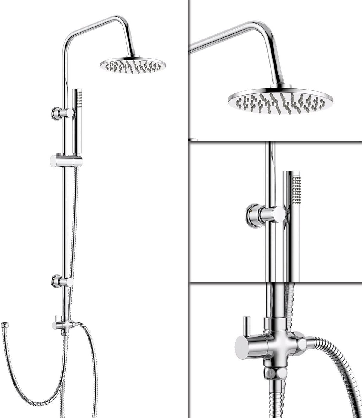 iBathUK Elevex 2 Way Shower Riser Rail Kit with SS Fixed Head & Diverter Round, Stylish Shower Riser Rail, Chrome
