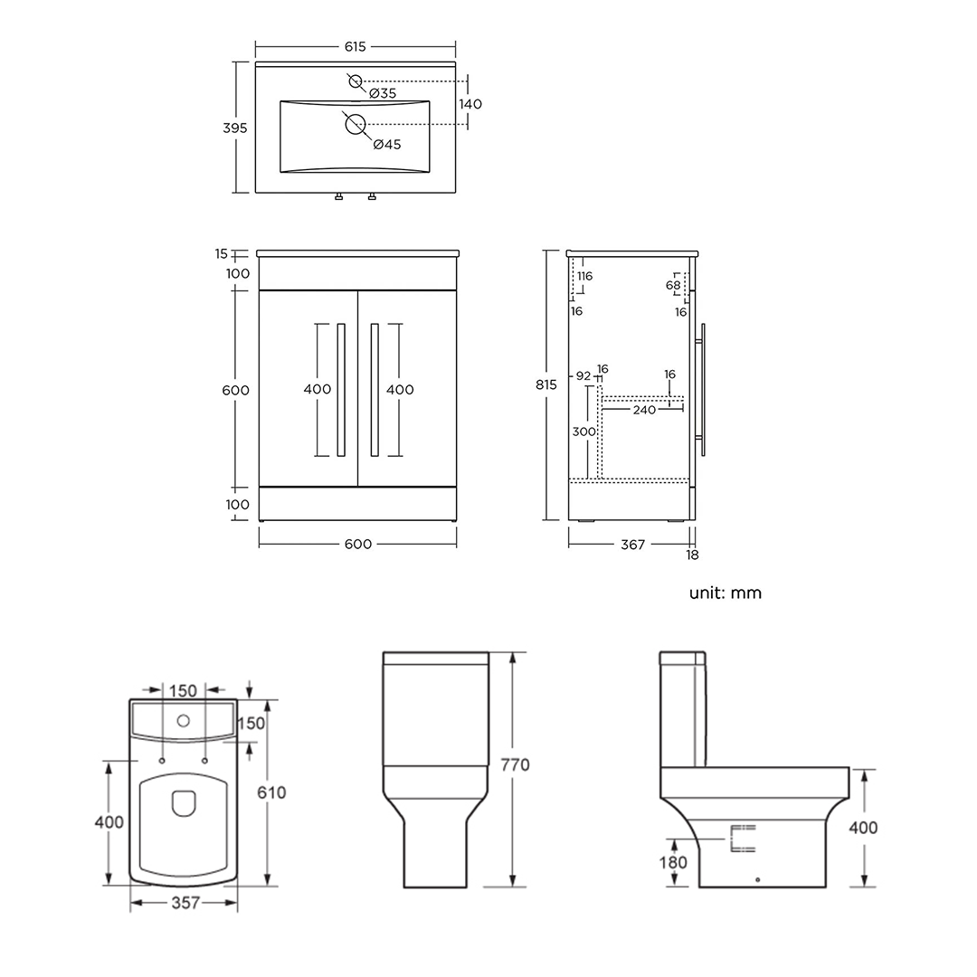 2 Piece Toilet & Basin Set White Vanity Sink Storage Unit Modern Bathroom Suite