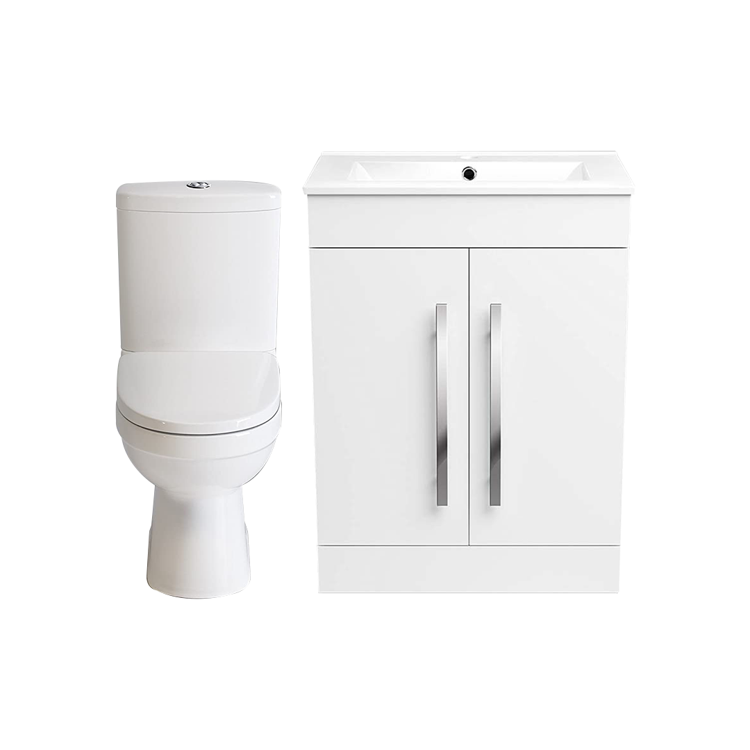 Bathroom Ceramic Suite Vanity Sink Unit Chrome Handles + Close Coupled Toilet Set