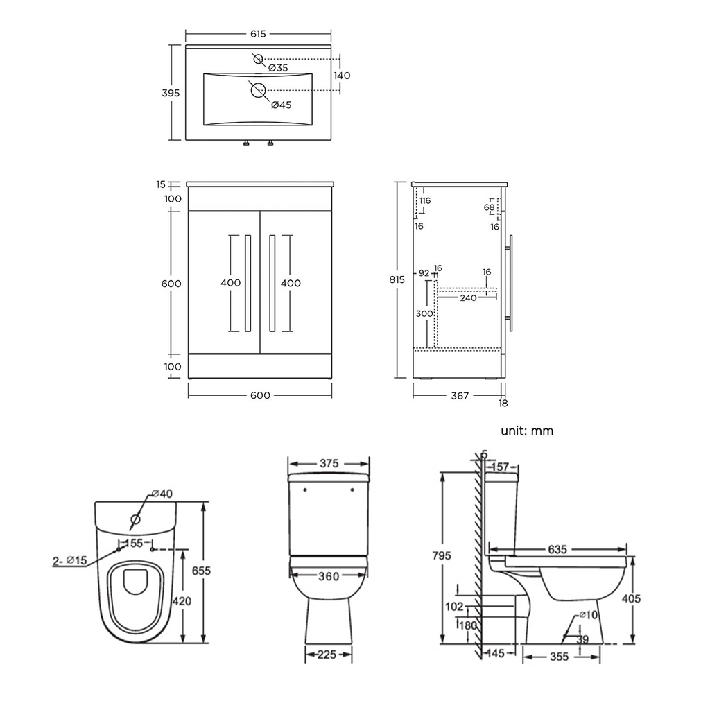 Bathroom Ceramic Suite Vanity Sink Unit Chrome Handles + Close Coupled Toilet Set