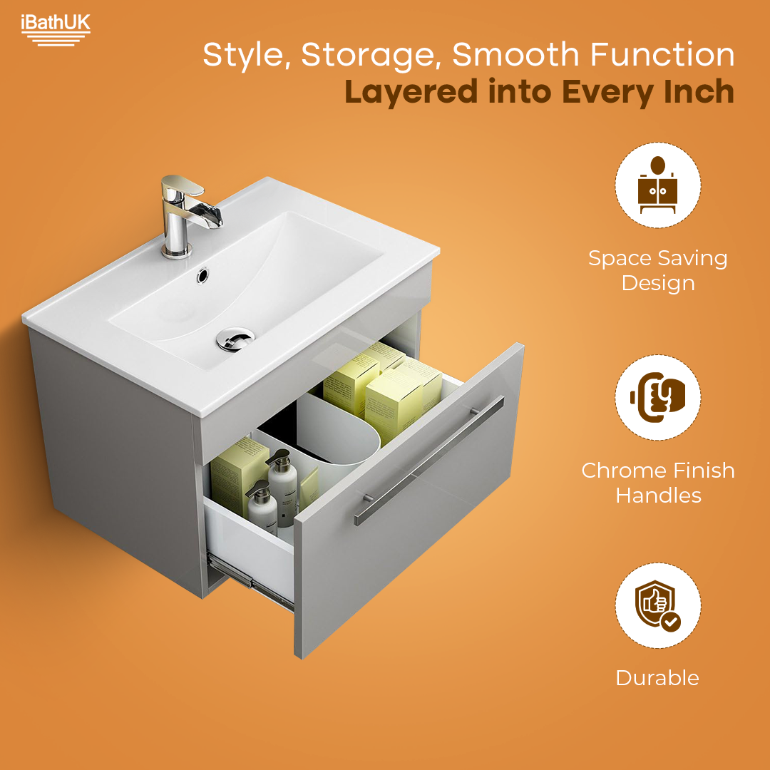 AVON 600 WALL HUNG BASIN CABINET W/1 DRAW HG GREY & SLIM BASIN