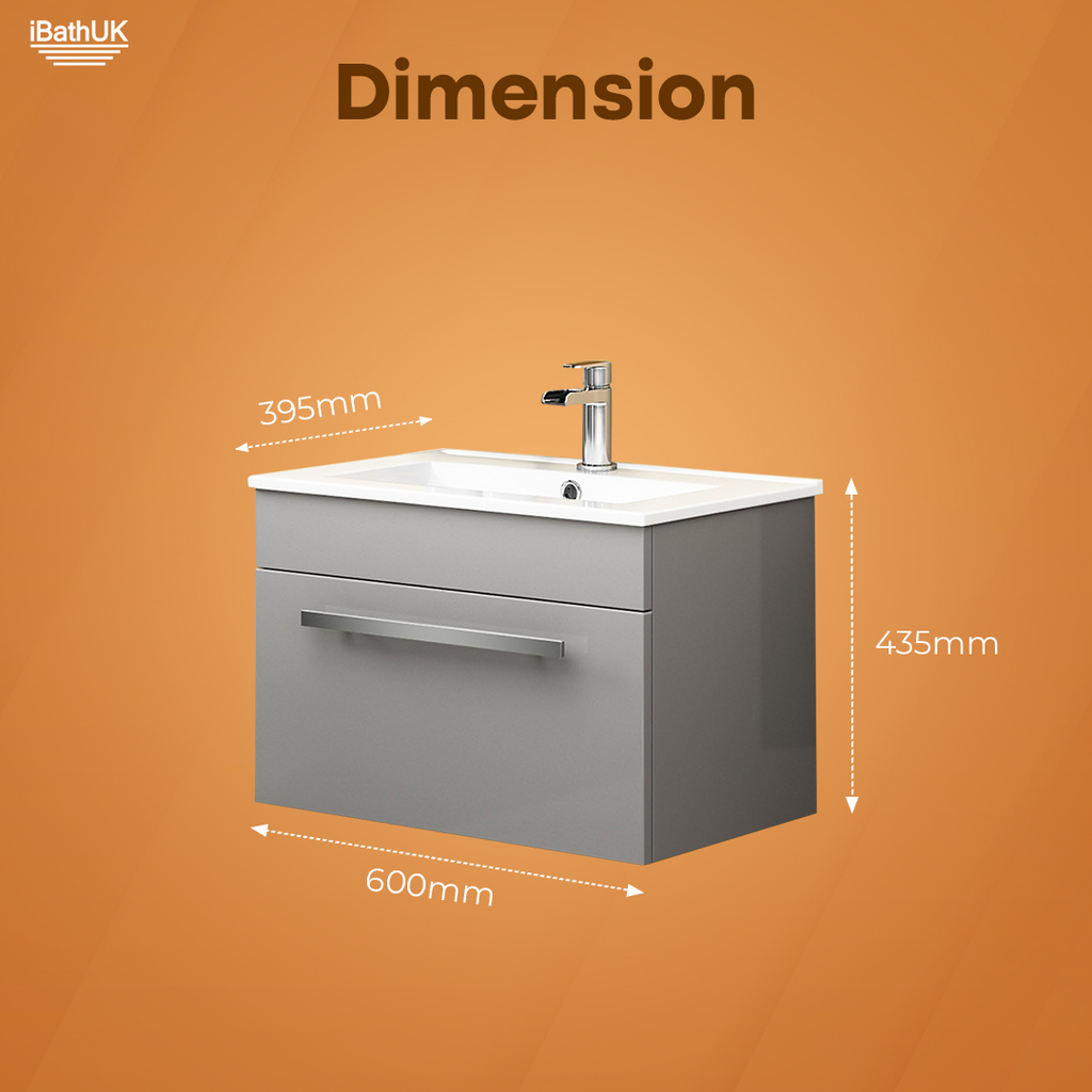 AVON 600 WALL HUNG BASIN CABINET W/1 DRAW HG GREY & SLIM BASIN
