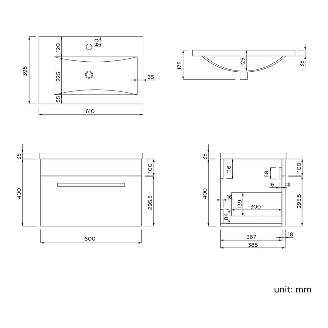 AVON 600 WALL HUNG BASIN CABINET W/1 DRAW HG GREY & SLIM BASIN