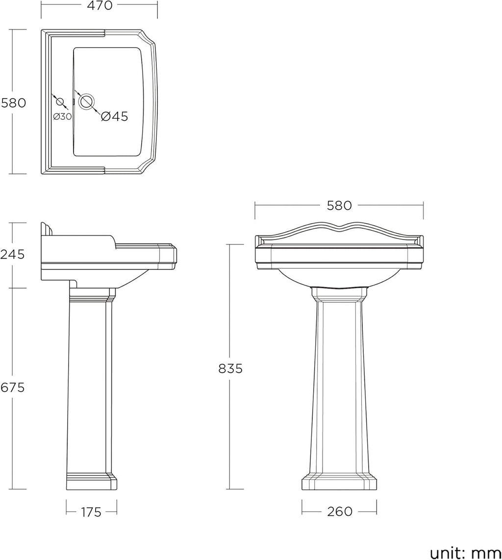 iBathUK Elizabeth Traditional Pedestal Ceramic Wash Basin with Single Tap Hole, Classic White Bathroom Sink, Ceramic Wash Basin