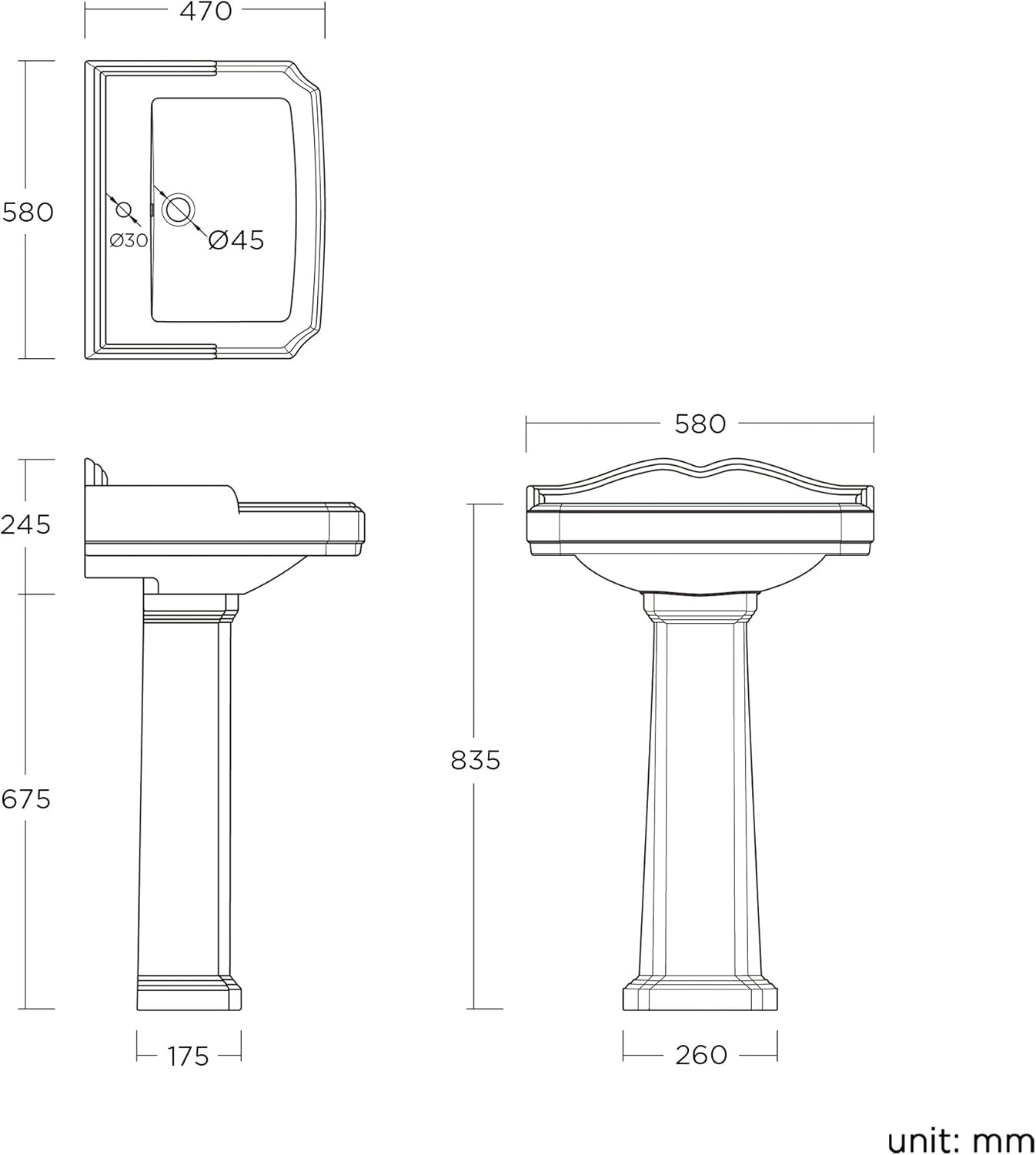 iBathUK Elizabeth Traditional Pedestal Ceramic Wash Basin with Single Tap Hole, Classic White Bathroom Sink, Ceramic Wash Basin