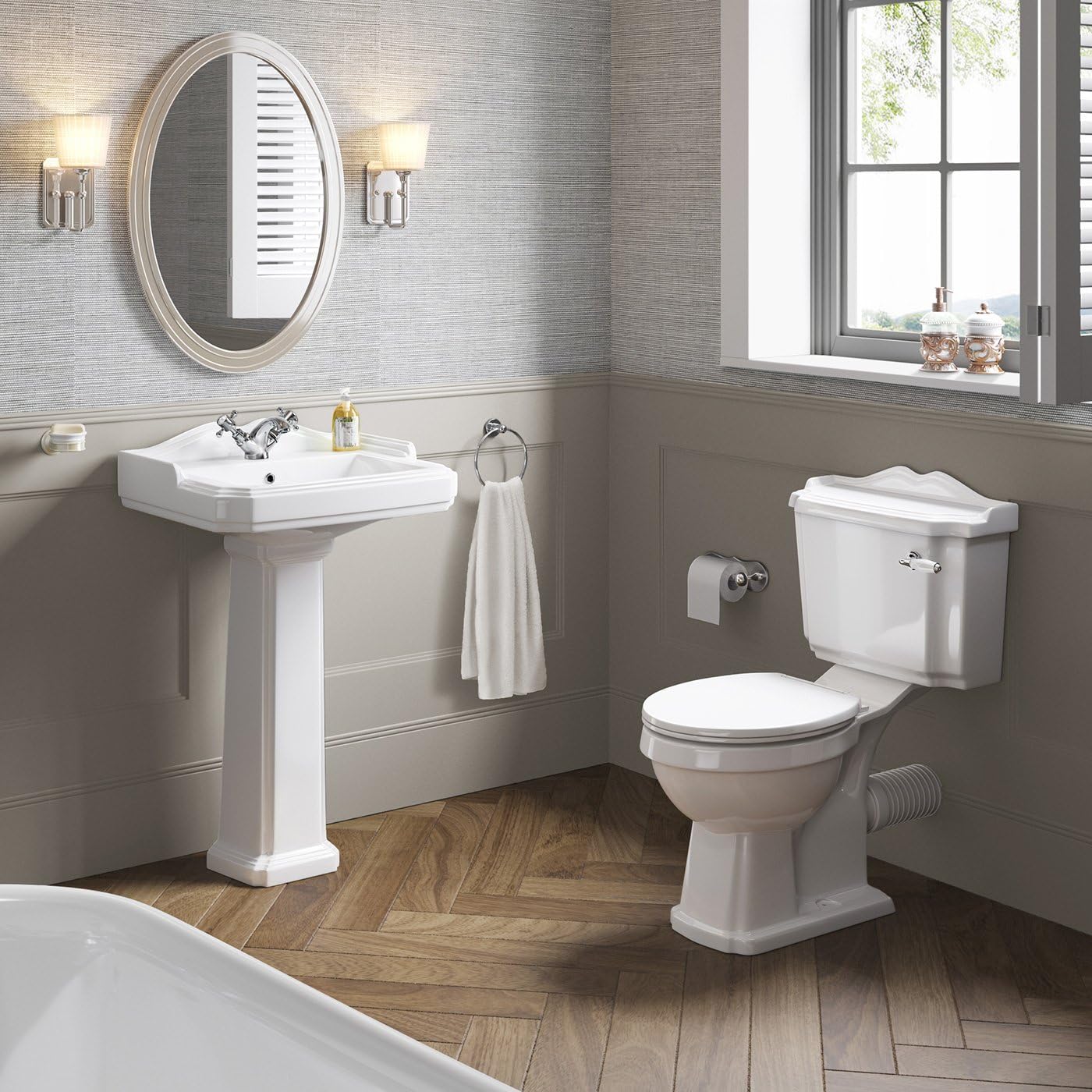 iBathUK Elizabeth Traditional Pedestal Ceramic Wash Basin with Single Tap Hole, Classic White Bathroom Sink, Ceramic Wash Basin