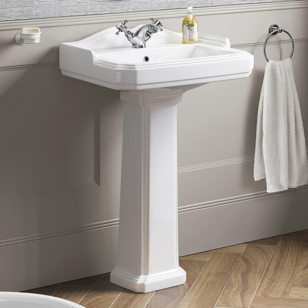 iBathUK Elizabeth Traditional Pedestal Ceramic Wash Basin with Single Tap Hole, Classic White Bathroom Sink, Ceramic Wash Basin