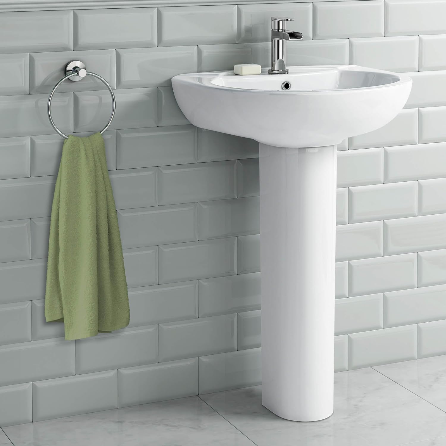 iBathUK Palma Round Bathroom Pedestal Sink, High Gloss White Ceramic Wash Basin with Classic Basin Sink Bowl Design