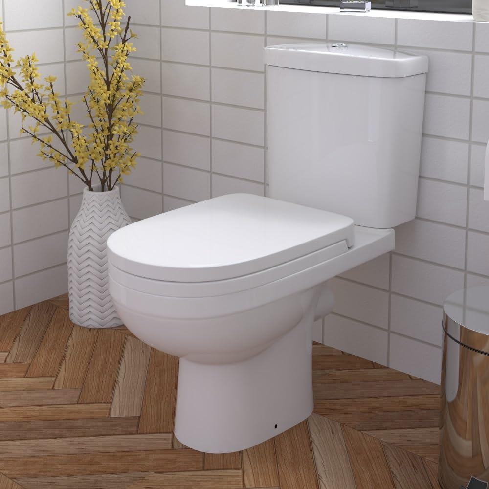 Modern Bathroom Slimline Close Coupled Comfort Height D Shaped Pan Toilet with Cistern Short Seat WC Push Button Flush White - Sleek