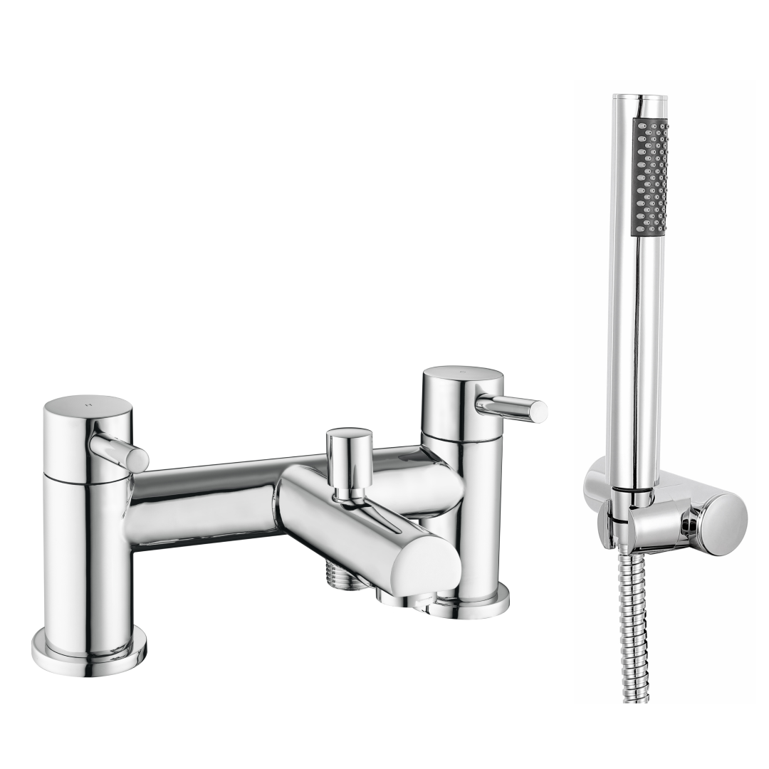 iBathUK Xylen Luxury Bath Filler Mixer Tap with Modern Shower Head, Chrome Twin Lever Deck Mounted Set, Basin with Mixer Tap