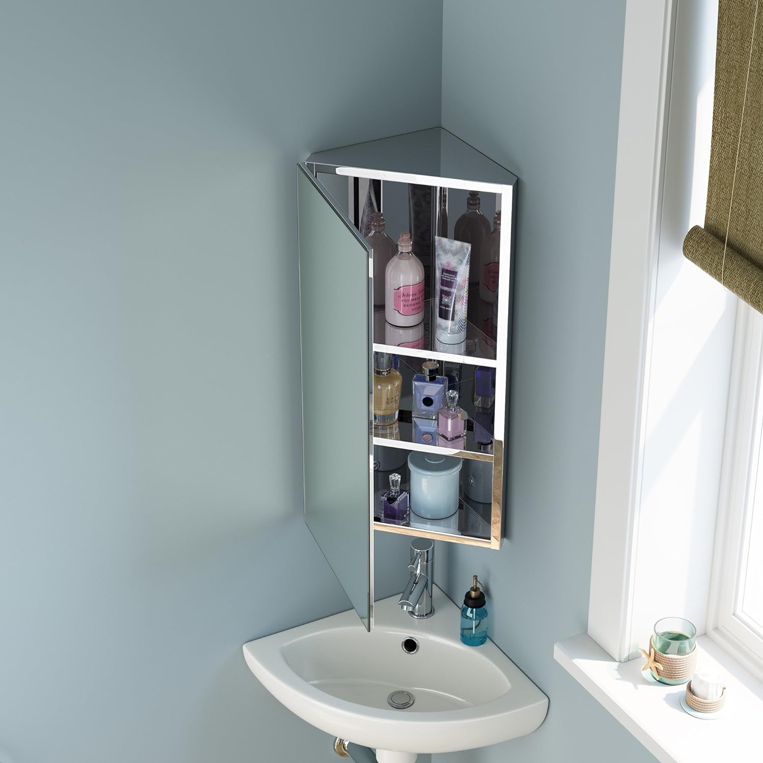 iBathUK Storvue Stainless Steel Corner Bathroom Mirror Cabinet, Single Door Storage Unit, Wall Mirror with Hinged Door, 300x600mm