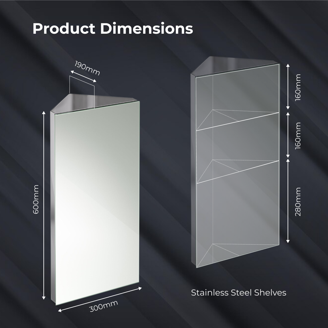 iBathUK Storvue Stainless Steel Corner Bathroom Mirror Cabinet, Single Door Storage Unit, Wall Mirror with Hinged Door, 300x600mm