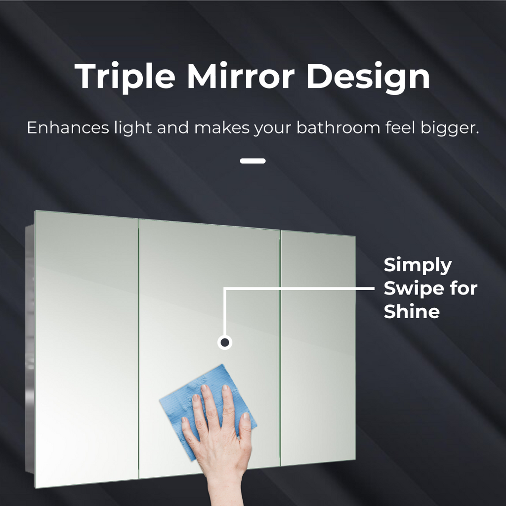 iBathUK Oslo Stainless Steel Bathroom Mirror Cabinet, Triple Door Storage Unit, Frameless Wall Mirror with Hinged Door, 900x600mm