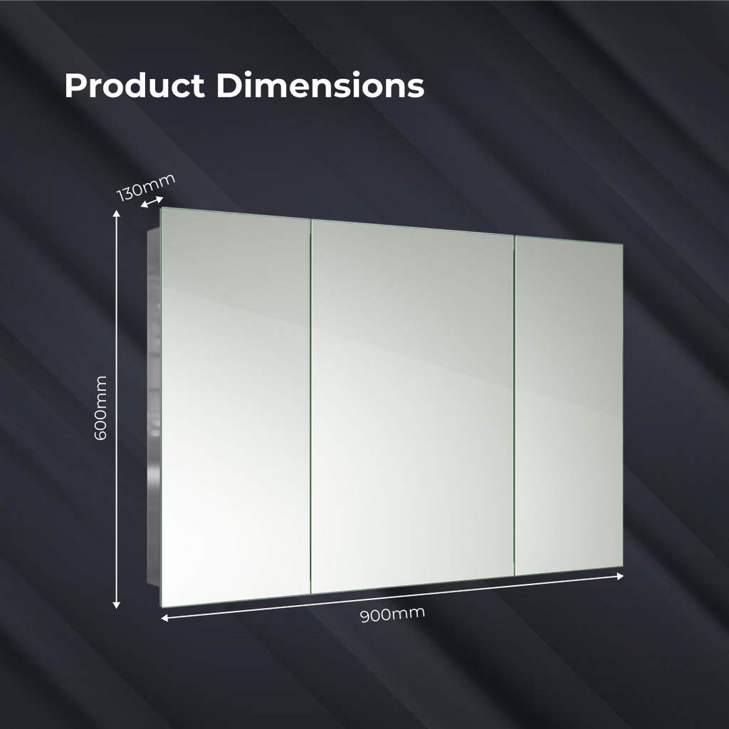 iBathUK Oslo Stainless Steel Bathroom Mirror Cabinet, Triple Door Storage Unit, Frameless Wall Mirror with Hinged Door, 900x600mm