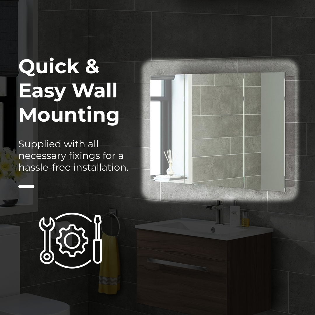 iBathUK Oslo Stainless Steel Bathroom Mirror Cabinet, Triple Door Storage Unit, Frameless Wall Mirror with Hinged Door, 900x600mm