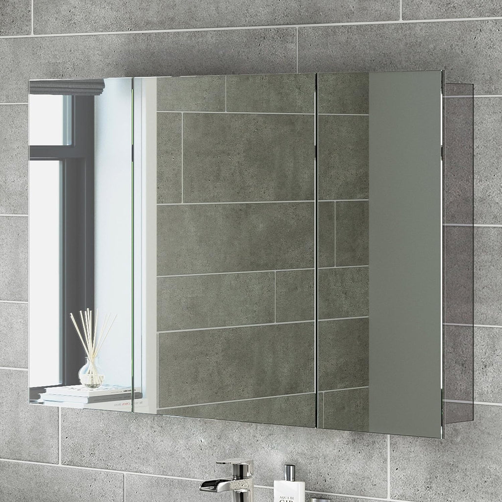 iBathUK Oslo Stainless Steel Bathroom Mirror Cabinet, Triple Door Storage Unit, Frameless Wall Mirror with Hinged Door, 900x600mm