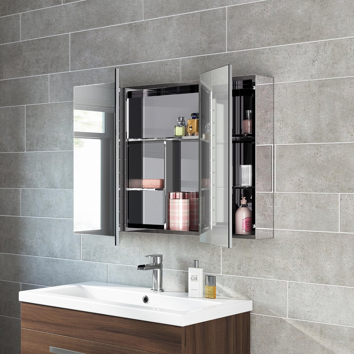 iBathUK Oslo Stainless Steel Bathroom Mirror Cabinet, Triple Door Storage Unit, Frameless Wall Mirror with Hinged Door, 900x600mm