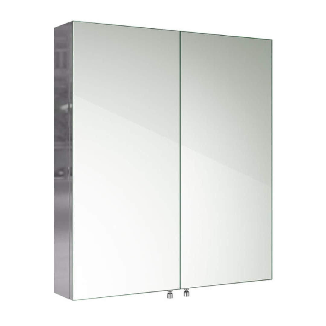 iBathUK Vienna Stainless Steel Bathroom Mirror Cabinet, Double Door Storage Unit, Rectangular Mirror with Straight Edge, 600x670mm
