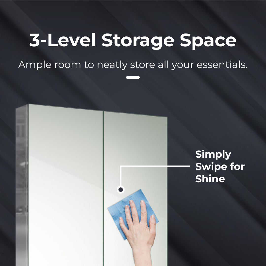 iBathUK Vienna Stainless Steel Bathroom Mirror Cabinet, Double Door Storage Unit, Rectangular Mirror with Straight Edge, 600x670mm