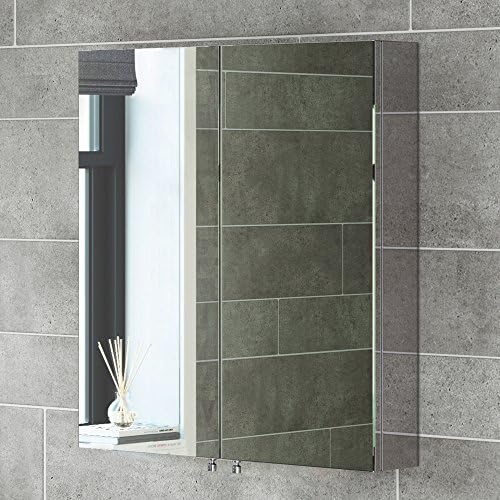 iBathUK Vienna Stainless Steel Bathroom Mirror Cabinet, Double Door Storage Unit, Rectangular Mirror with Straight Edge, 600x670mm