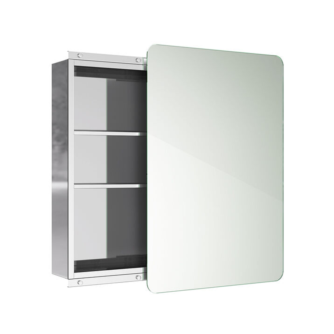iBathUK Helsinki Stainless Steel Bathroom Mirror Cabinet with Sliding Door, Soft Rectangular Shape with Round Edge, 460x660mm
