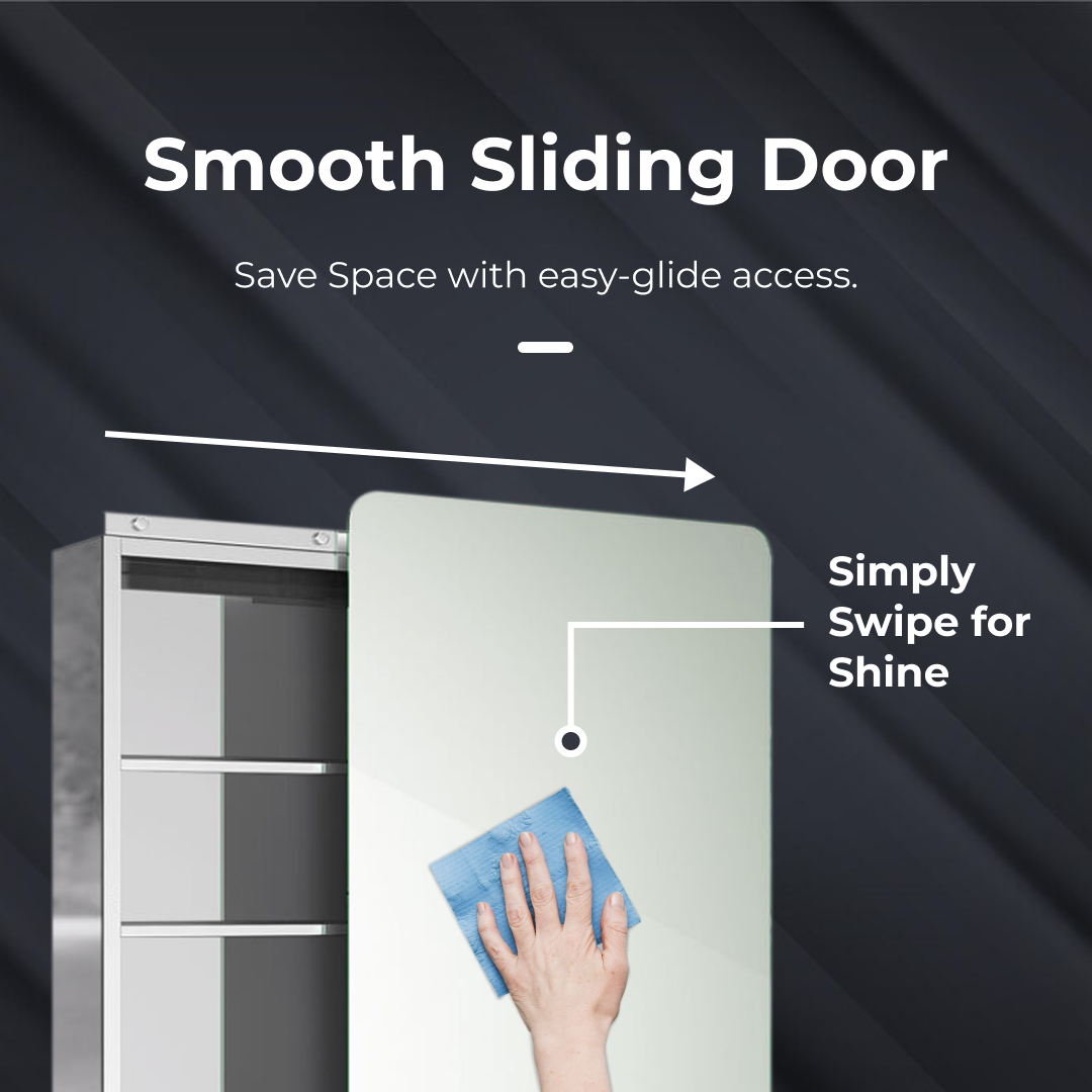 iBathUK Helsinki Stainless Steel Bathroom Mirror Cabinet with Sliding Door, Soft Rectangular Shape with Round Edge, 460x660mm