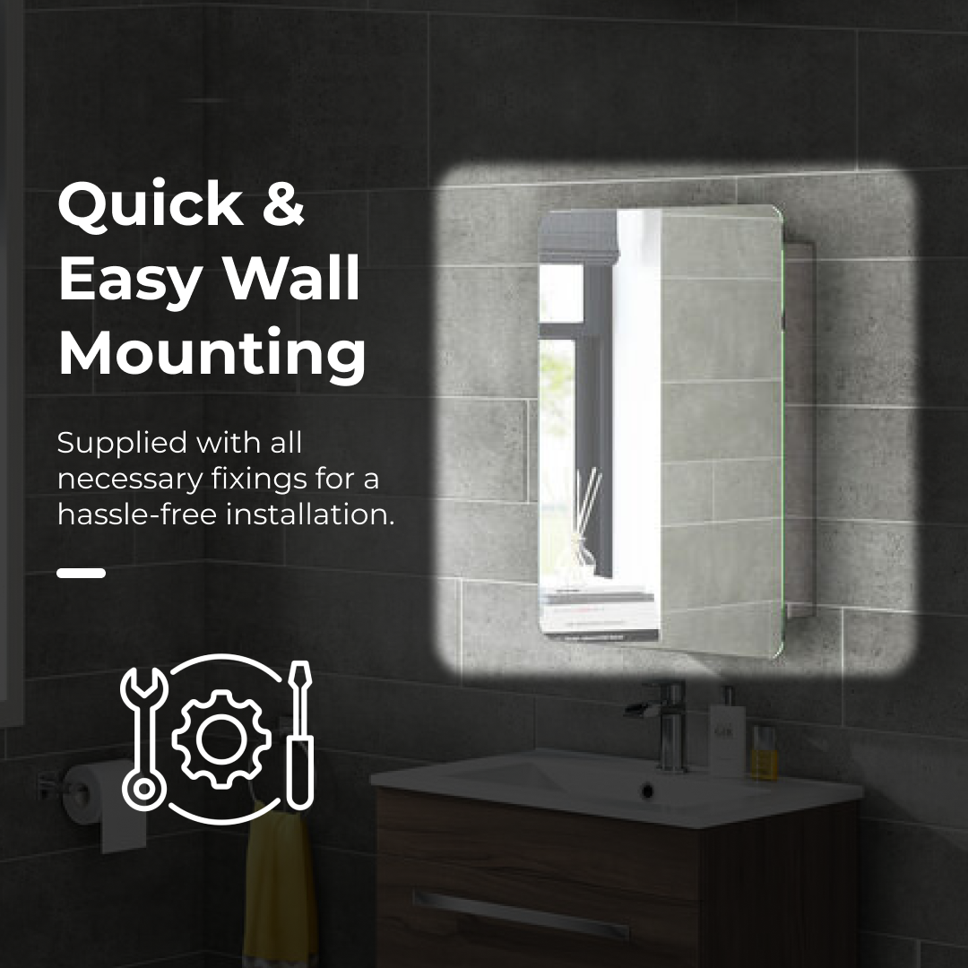 iBathUK Helsinki Stainless Steel Bathroom Mirror Cabinet with Sliding Door, Soft Rectangular Shape with Round Edge, 460x660mm