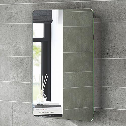 iBathUK Helsinki Stainless Steel Bathroom Mirror Cabinet with Sliding Door, Soft Rectangular Shape with Round Edge, 460x660mm