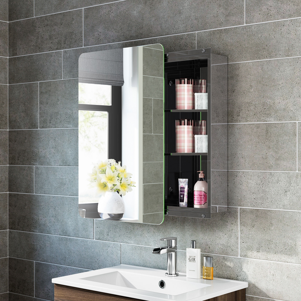 iBathUK Helsinki Stainless Steel Bathroom Mirror Cabinet with Sliding Door, Soft Rectangular Shape with Round Edge, 460x660mm