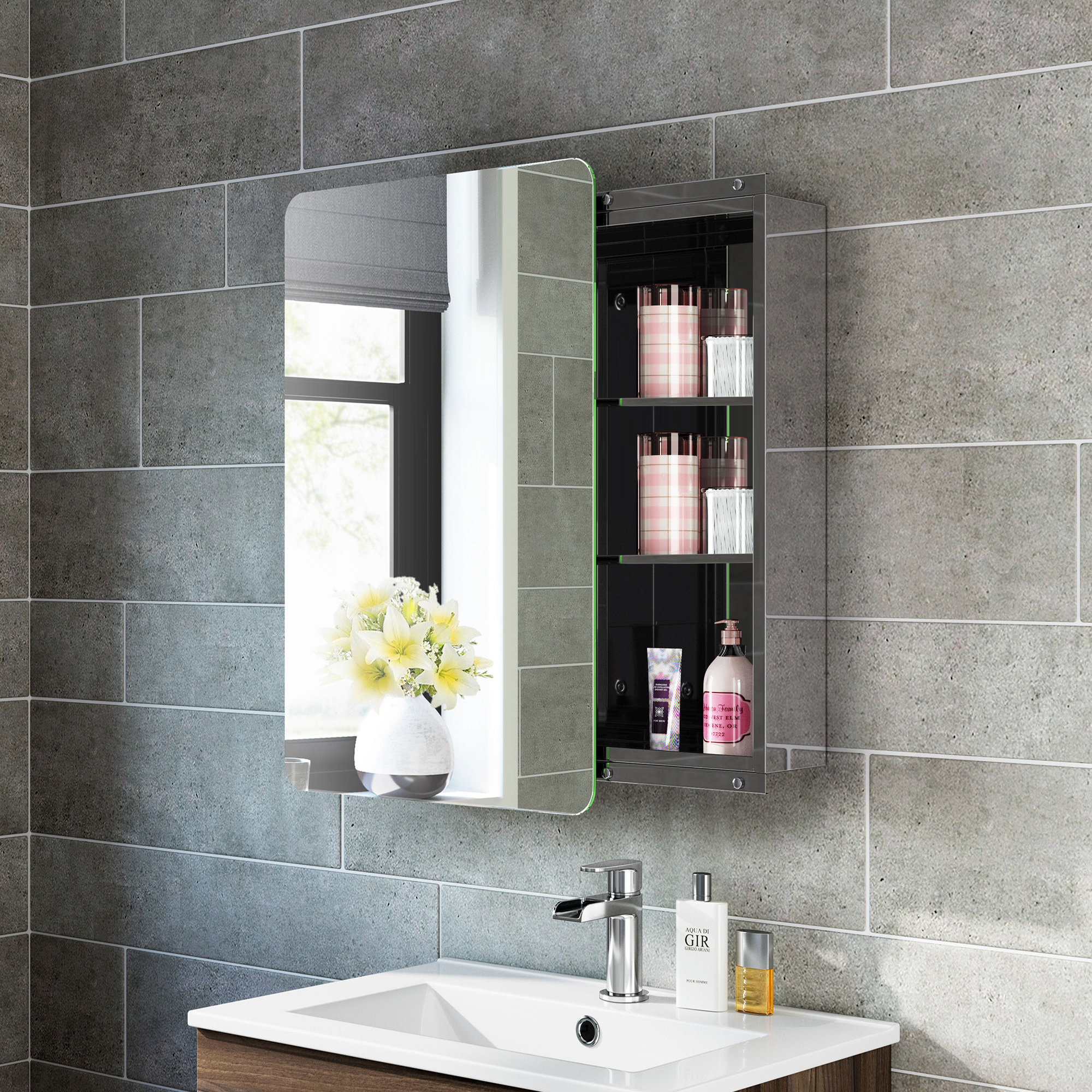 iBathUK Helsinki Stainless Steel Bathroom Mirror Cabinet with Sliding Door, Soft Rectangular Shape with Round Edge, 460x660mm