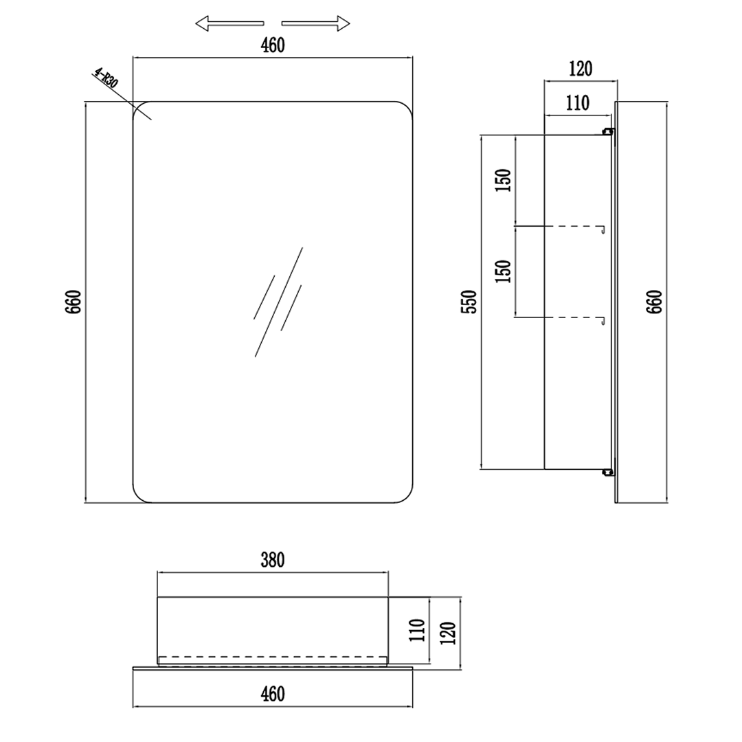 iBathUK Helsinki Stainless Steel Bathroom Mirror Cabinet with Sliding Door, Soft Rectangular Shape with Round Edge, 460x660mm
