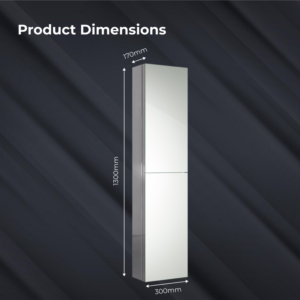 iBathUK Bergen Tall Stainless Steel Bathroom Mirror Cabinet with Double Door, Rectangular Mirror with Straight Edge, 300x1300mm