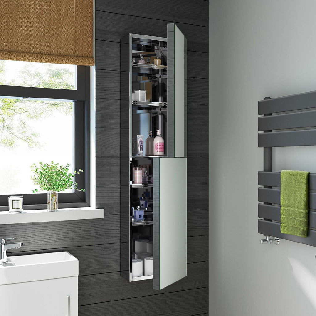 iBathUK Bergen Tall Stainless Steel Bathroom Mirror Cabinet with Double Door, Rectangular Mirror with Straight Edge, 300x1300mm