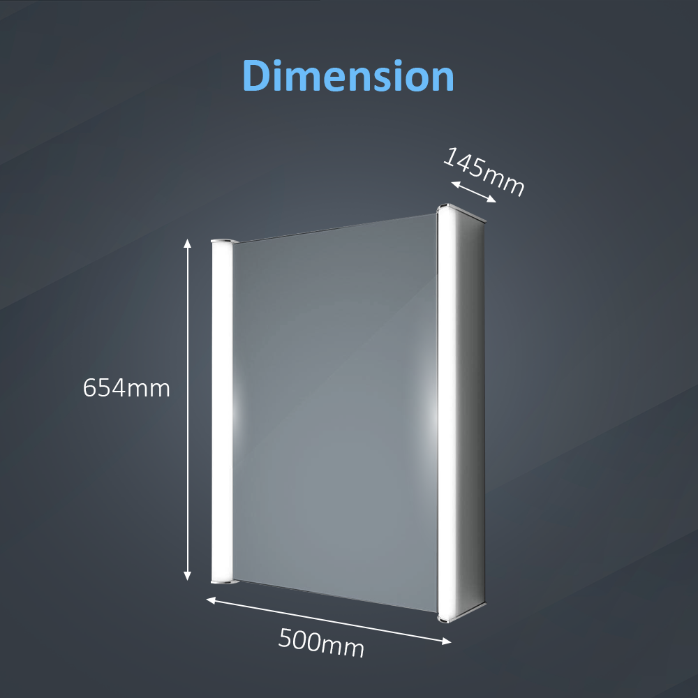 iBathUK Revere LED Single Door Bathroom Mirror Cabinet, Illuminated Mirror with Infrared Sensor Switch, Silver, 500 x 650mm
