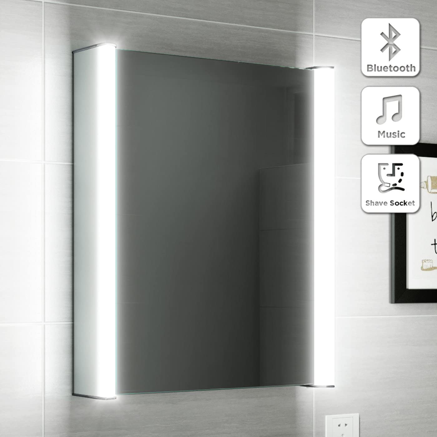 iBathUK Revere LED Single Door Bathroom Mirror Cabinet, Illuminated Mirror with Infrared Sensor Switch, Silver, 500 x 650mm