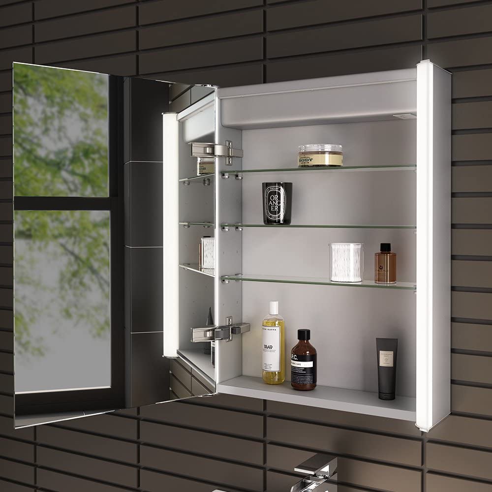 iBathUK Revere LED Single Door Bathroom Mirror Cabinet, Illuminated Mirror with Infrared Sensor Switch, Silver, 500 x 650mm