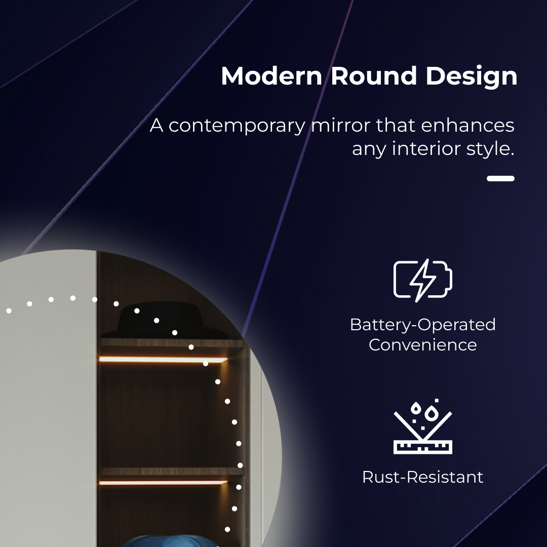 iBathUK Luna Wall Mounted Round LED Illuminated Bathroom Mirror, Battery Powered Led Mirror, Frameless Design, White, 500 x 500 mm