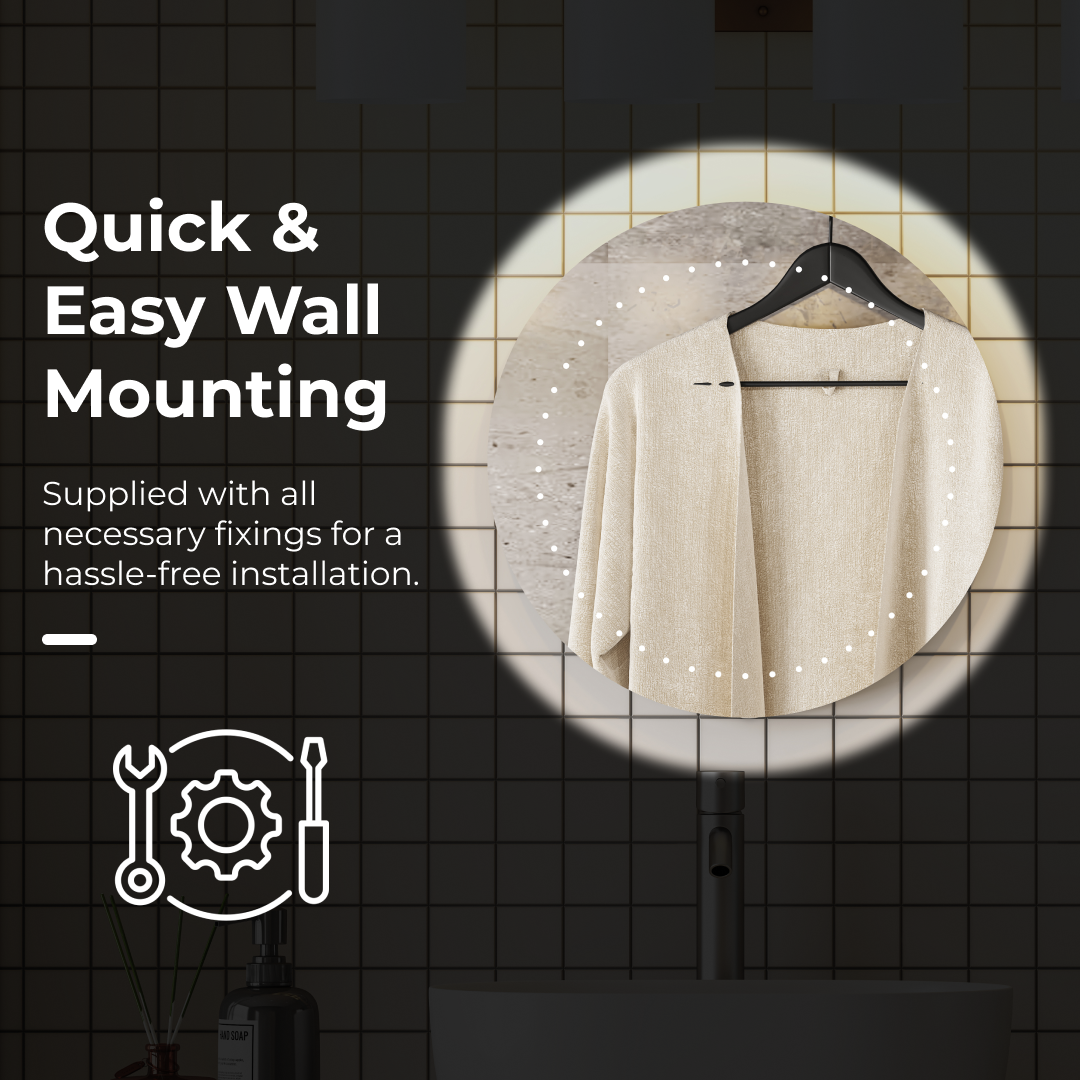 iBathUK Luna Wall Mounted Round LED Illuminated Bathroom Mirror, Battery Powered Led Mirror, Frameless Design, White, 500 x 500 mm