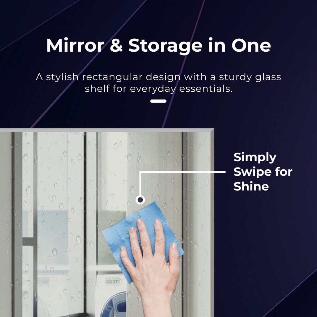 iBathUK Aria Wall Mounted Designer Bathroom Mirror with Glass Shelves, Modern Frameless Ractangular Mirror, Straight Edge, 800x600mm