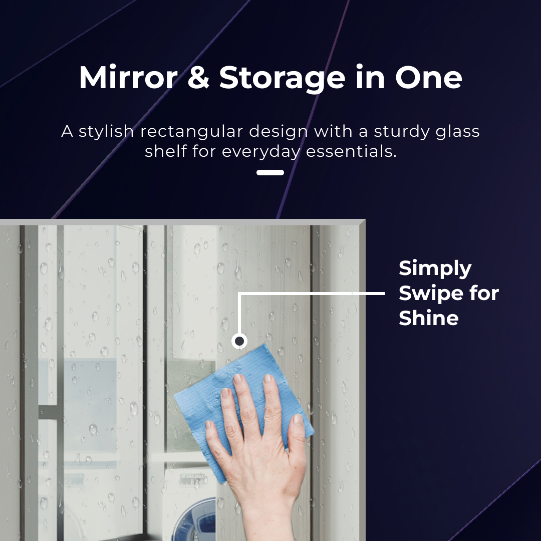 iBathUK Aria Wall Mounted Designer Bathroom Mirror with Glass Shelves, Modern Frameless Ractangular Mirror, Straight Edge, 800x600mm