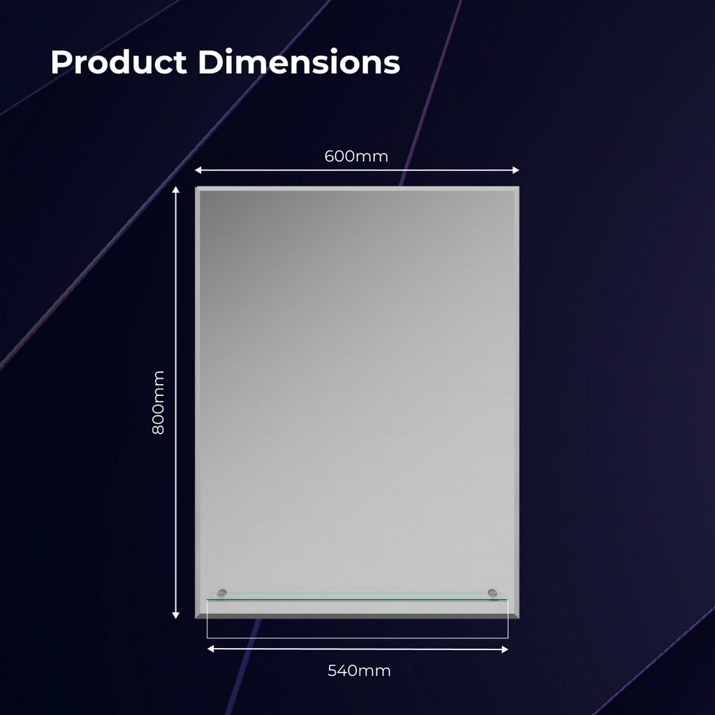 iBathUK Aria Wall Mounted Designer Bathroom Mirror with Glass Shelves, Modern Frameless Ractangular Mirror, Straight Edge, 800x600mm