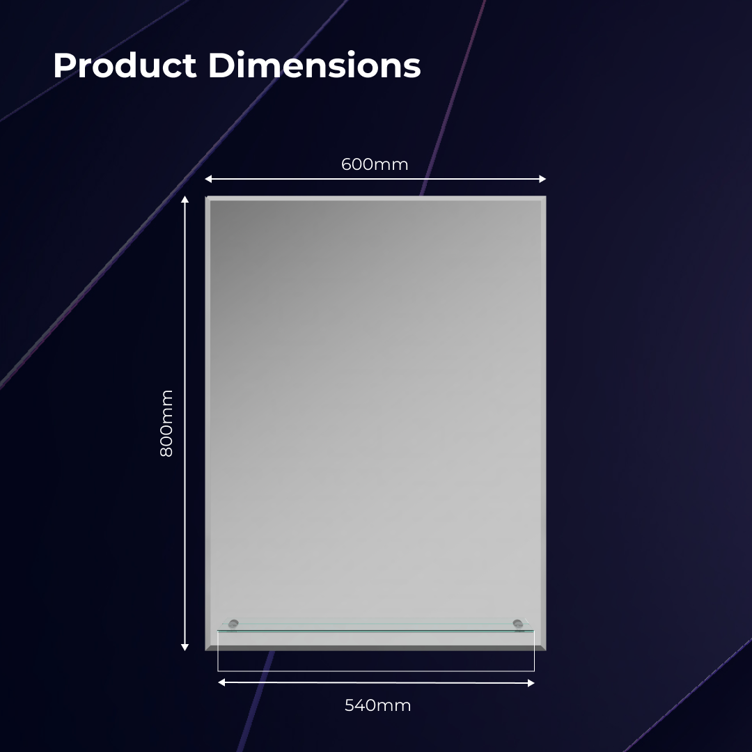 iBathUK Aria Wall Mounted Designer Bathroom Mirror with Glass Shelves, Modern Frameless Ractangular Mirror, Straight Edge, 800x600mm