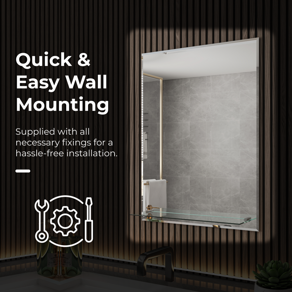 iBathUK Aria Wall Mounted Designer Bathroom Mirror with Glass Shelves, Modern Frameless Ractangular Mirror, Straight Edge, 800x600mm