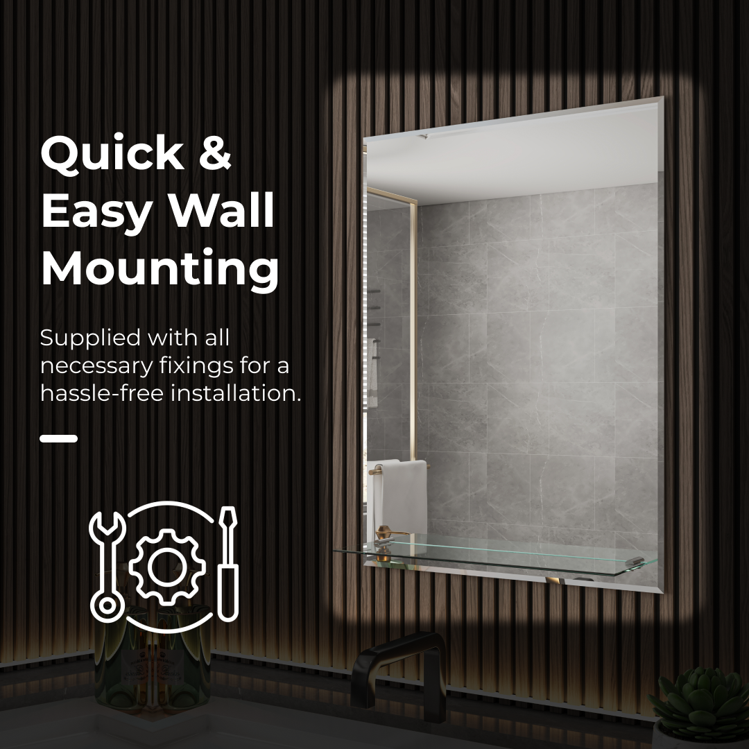 iBathUK Aria Wall Mounted Designer Bathroom Mirror with Glass Shelves, Modern Frameless Ractangular Mirror, Straight Edge, 800x600mm