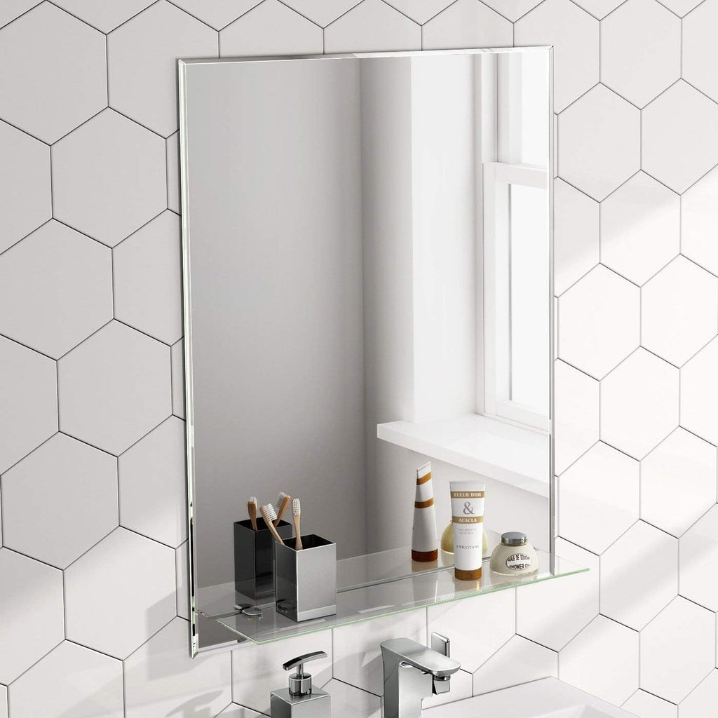iBathUK Aria Wall Mounted Designer Bathroom Mirror with Glass Shelves, Modern Frameless Ractangular Mirror, Straight Edge, 800x600mm